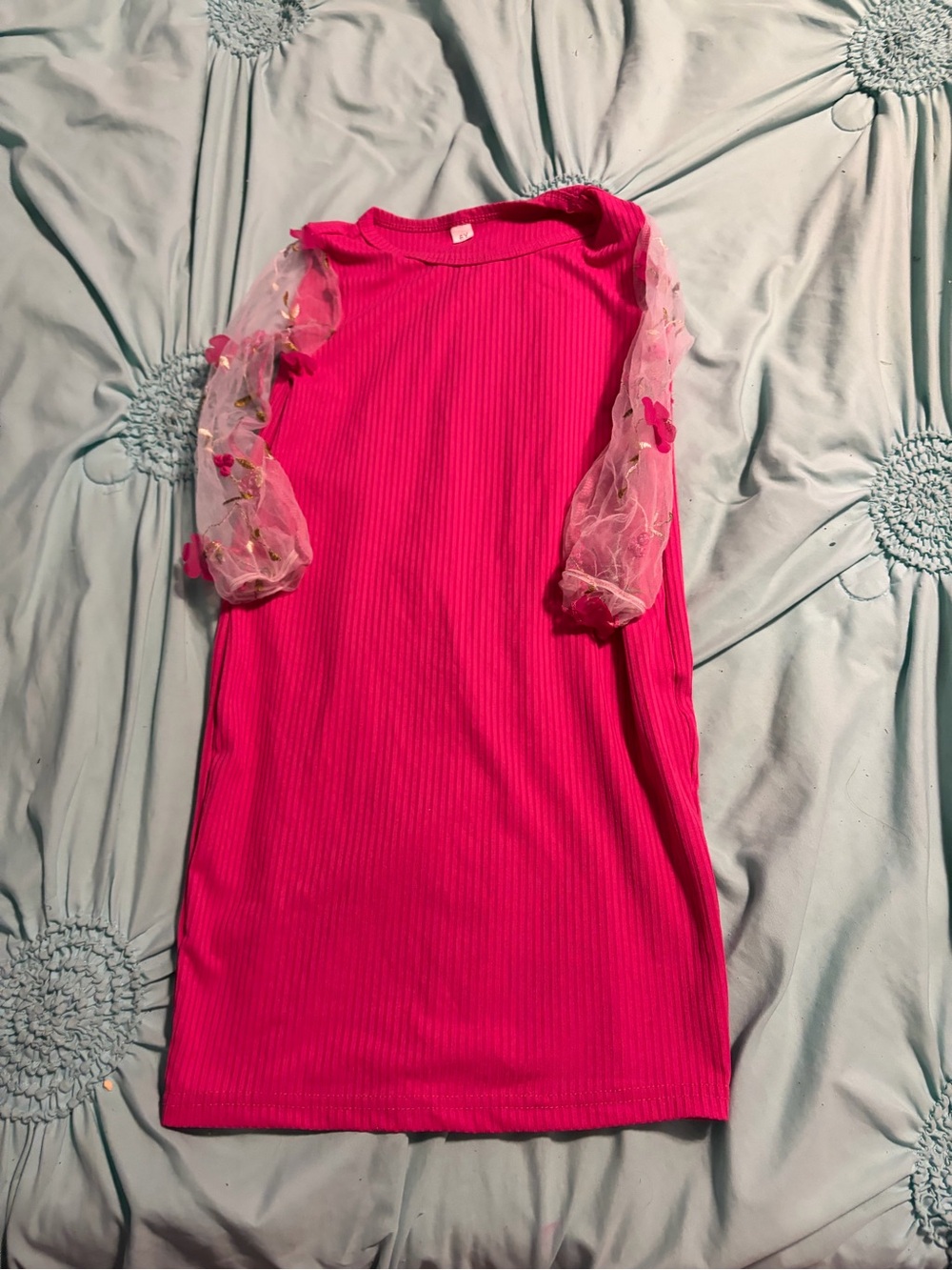 SHEIN Bright Hot Pink Ribbed Dress with Sheer Floral Sleeves